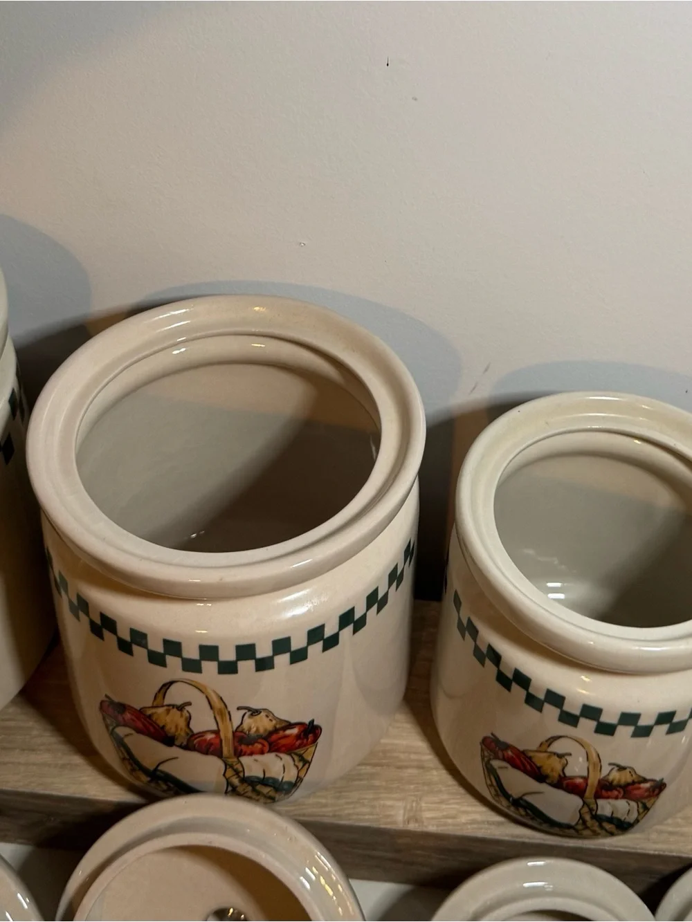 Gibson Cream Ceramic Canister with Green Check Border